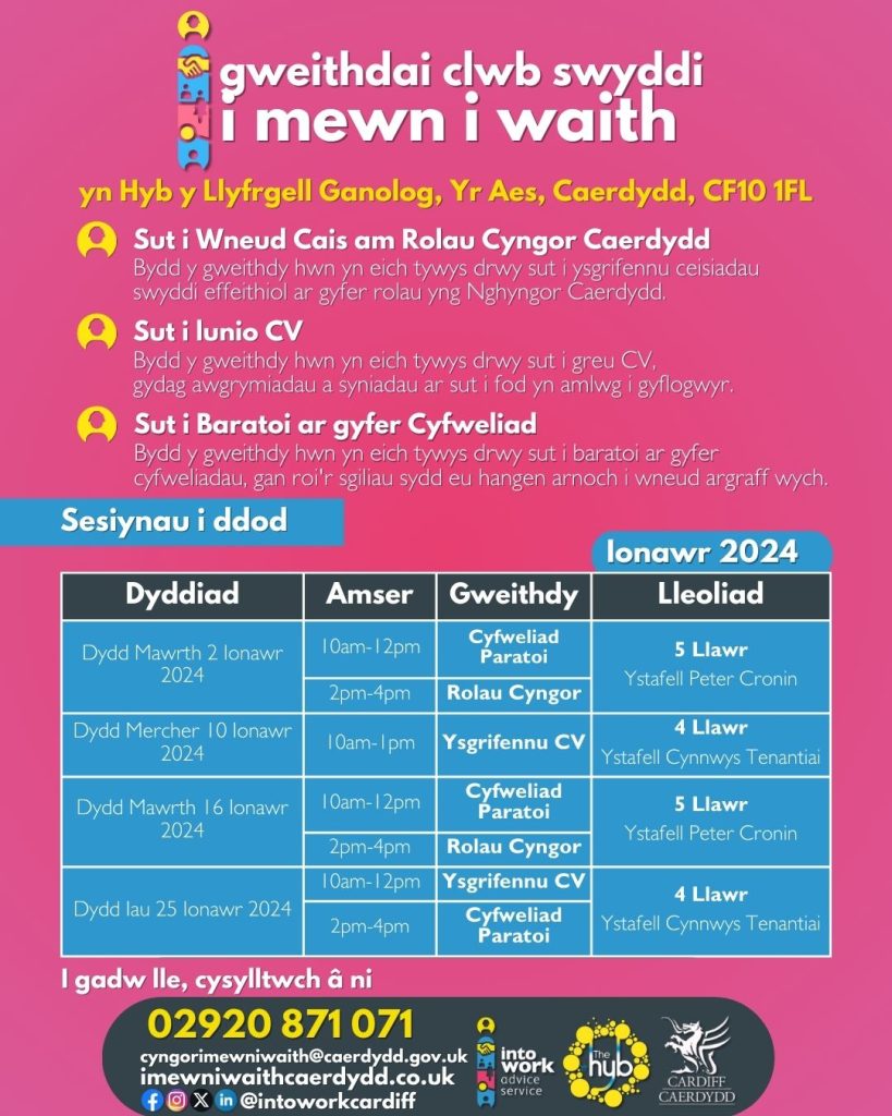 Into work job club workshops timetable schedule in Welsh