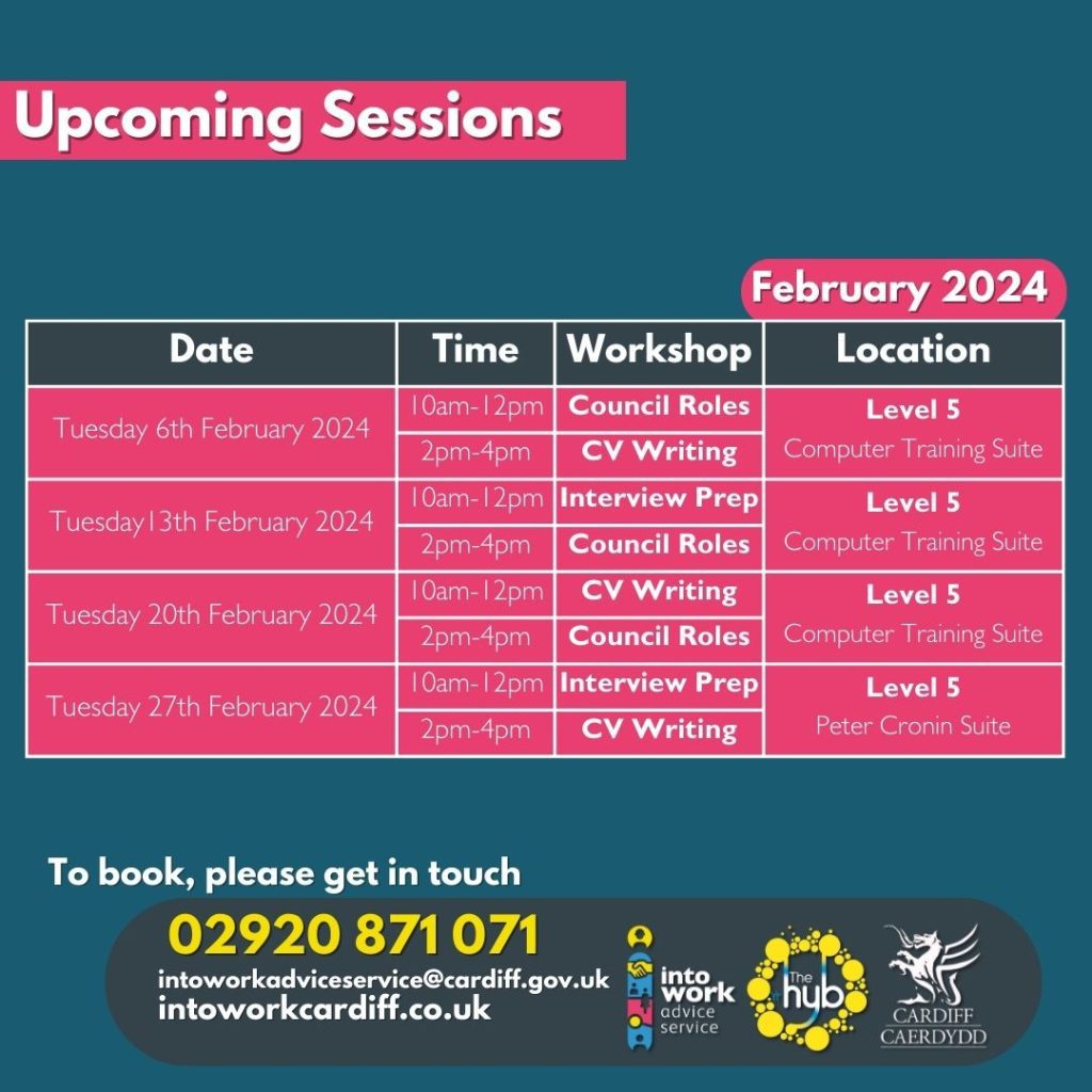 Graphic showing timetable of upcoming workshop sessions