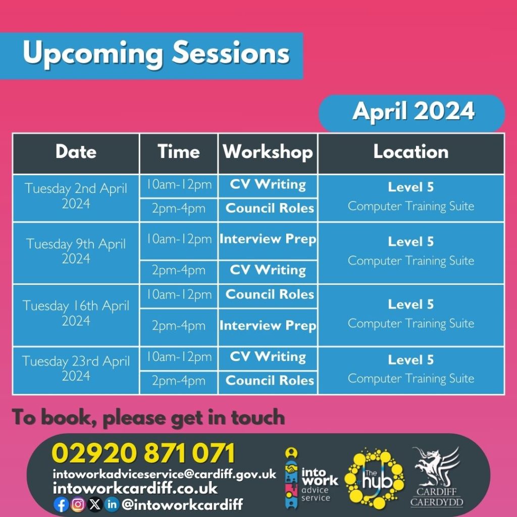 April 2024 job club workshop timetable